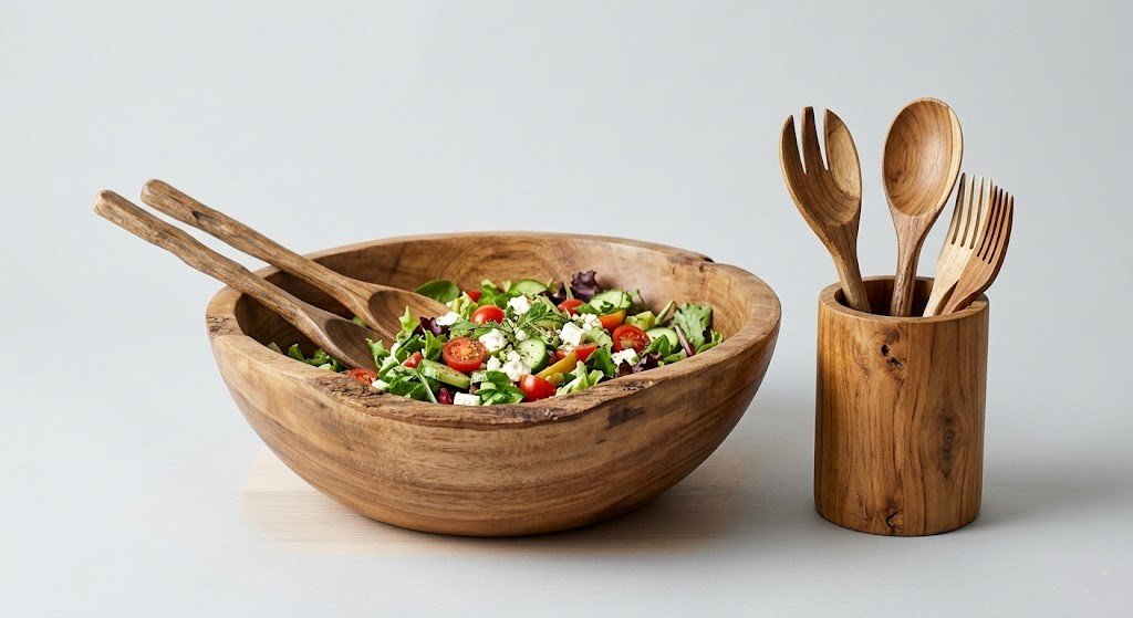 Artisanal Hand-Turned Wooden-Edge Acacia Wood Salad Bowl Set